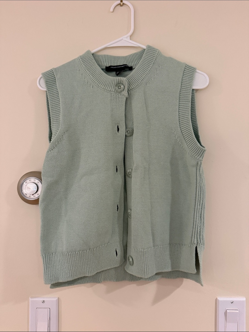 French Connection Sage Green Sleeveless Button-Front Knit Vest